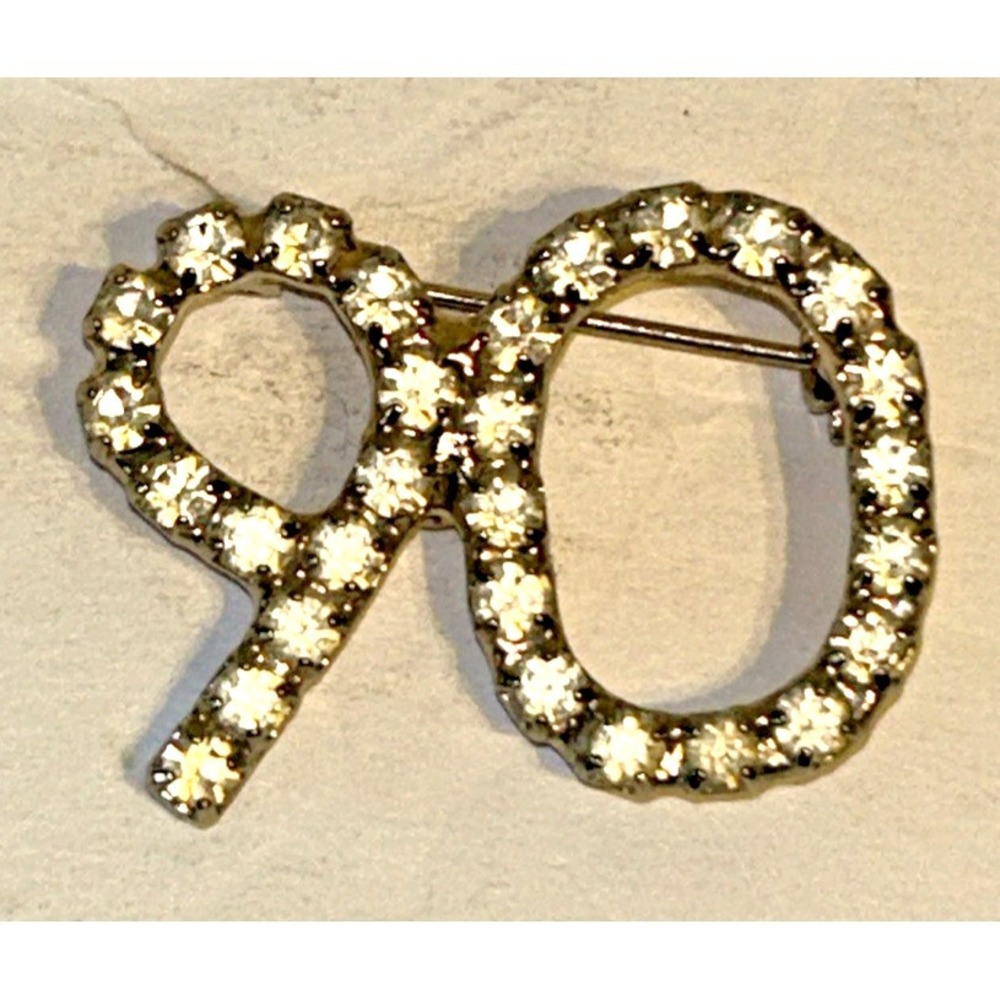 Vintage Bauer‎ 90 Rhinestone & Silver Brooch Pin Birthday Or Grad Gift 90s